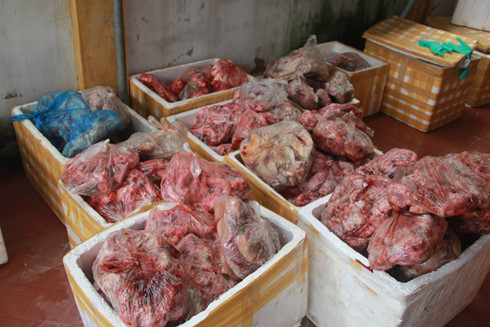 Kiểm tra cơ sở đông lạnh lực lượng chức năng phát hiện hơn 1,2 tấn thịt, chân, nội tạng động vật đã bốc mùi. Kiểm tra cơ sở đông lạnh lực lượng chức năng phát hiện hơn 1,2 tấn thịt, chân, nội tạng động vật đã bốc mùi.