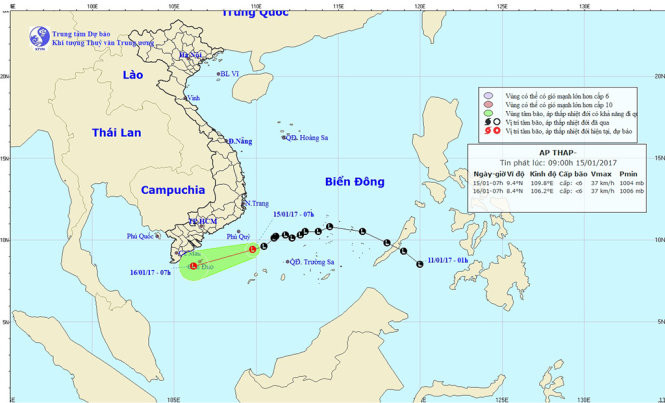 Vị trí và hướng đi của vùng áp thấp lúc 7 giờ ngày 15-1 - Ảnh: Trung tâm Dự báo Khí tượng Thủy văn Trung ương Vị trí và hướng đi của vùng áp thấp lúc 7h ngày 15-1 - Ảnh: Trung tâm Dự báo khí tượng thủy văn trung ương