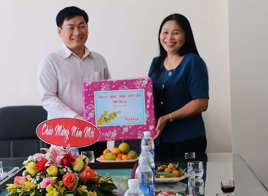 Thay mặt Tỉnh ủy, HĐND, UBND, Ủy ban MTTQ tỉnh, bà Huỳnh Nữ Thu Hà tặng quà cho Báo Gia Lai. Ảnh: Q.T