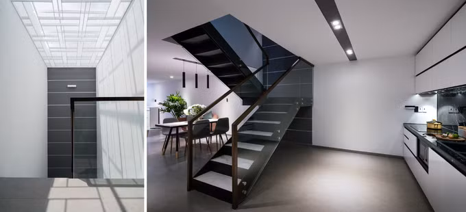 Ngôi nhà 4 tầng, được cải tạo từ cốt nhà cũ 3 tầng. Ngoài mặt đứng, lõi thang cũng góp phần đem nắng và gió cho ngôi nhà.