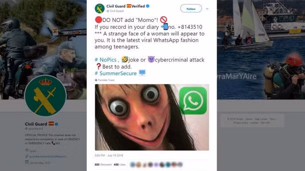  Lực lượng dân phòng Tây Ban Nha cảnh báo thanh thiếu niên tránh xa Momo. (Ảnh chụp màn hình Twitter)