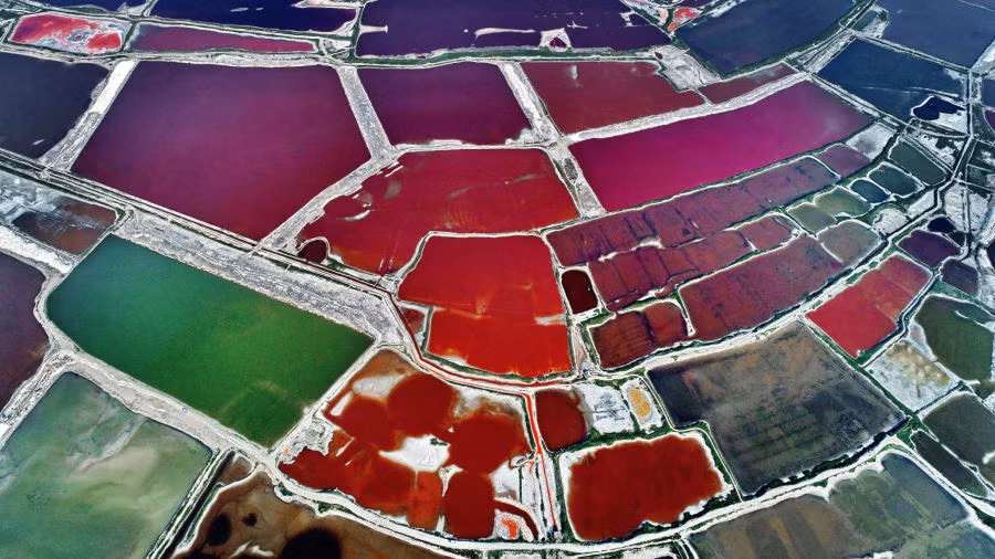 Vận Thành, Trung Quốc: Hồ nước mặn đổi màu khi nồng độ muối biến đổi theo nhiệt độ. (Nguồn: Zuma Press)