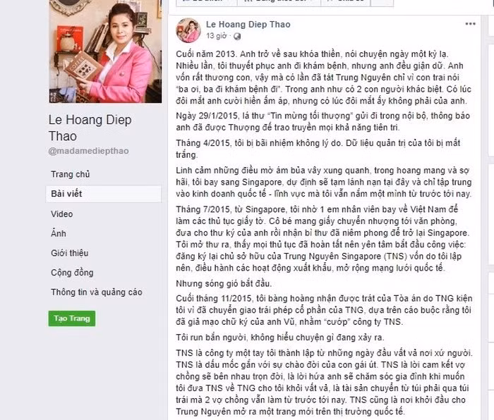 Dòng chia sẻ trên trang Facebook được cho của bà Lê Hoàng Diệp Thảo. Ảnh chụp màn hình