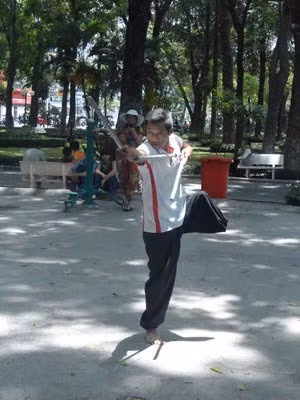 Một thế đứng tấn vững chắc trên một chân của vị võ sư đạt cấp 18/18. Ảnh Thùy Trang