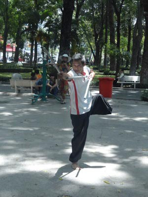 Một thế đứng tấn vững chắc trên một chân của vị võ sư đạt cấp 18/18. Ảnh Thùy Trang