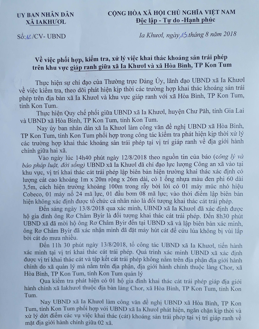 Biên bản công an xã Ia Khươl lập. Ảnh: Mộng Thường