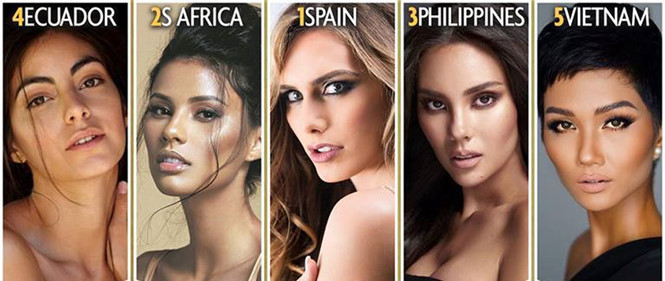 Top 5 của Miss Universe 2018 được cho là sẽ gồm các thí sinh của Tây Ban Nha, Nam Phi, Ecuador, Philippines và Việt Nam Top 5 của Miss Universe 2018 được cho là sẽ gồm các thí sinh của Tây Ban Nha, Nam Phi, Ecuador, Philippines và Việt Nam