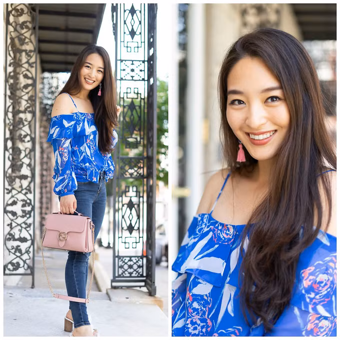 Áo hai dây sắc xanh dương dậm được trang trí thêm họa tiết hoa cỏ muôn màu. Phối cùng kiểu áo sexy là jeans cổ điển, sandal, túi xách đồng màu.