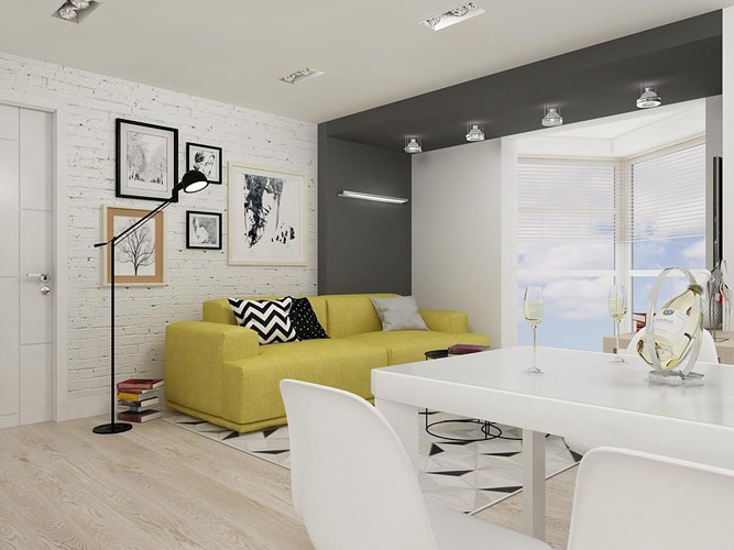 Sàn gỗ lộ ra ngoài tạo nên một khung cảnh thoải mái, nội thất đơn sắc trong phòng khách làm nền giúp chiếc ghế sofa màu vàng chanh thêm phần nổi bật. Sàn gỗ lộ ra ngoài tạo nên một khung cảnh thoải mái, nội thất đơn sắc trong phòng khách làm nền giúp chiếc ghế sofa màu vàng chanh thêm phần nổi bật.