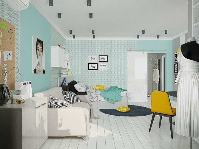 Trong không gian 50 m2, tính nữ xuất hiện thật tự nhiên thông qua bức tranh treo tường, màu sơn, ghế sofa đem lại sự thú vị. Trong không gian 50 m2, tính nữ xuất hiện thật tự nhiên thông qua bức tranh treo tường, màu sơn, ghế sofa đem lại sự thú vị.