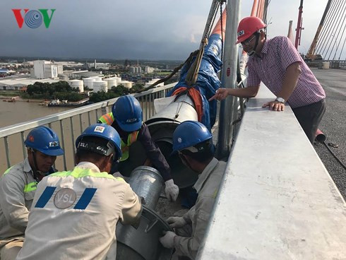 Các kỹ sư, chuyên gia của VSL đang lắp đặt, xử lý kỹ thuật tại đầu các bó cáp dây văng cầu Bạch Đằng
