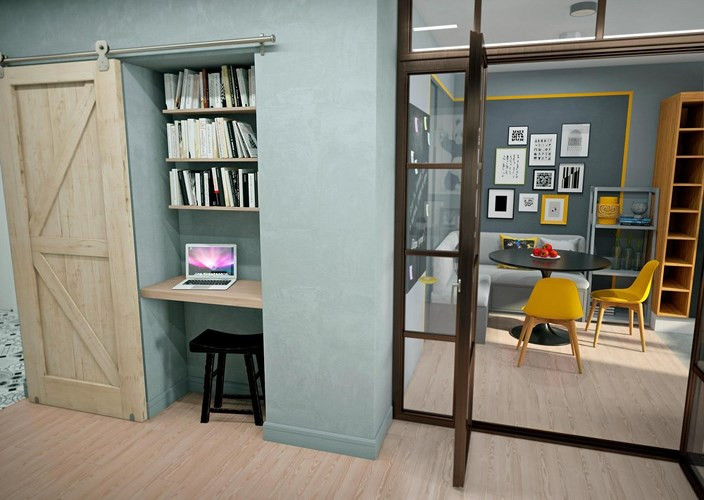 Góc làm việc bố trí thông minh, chiếc cửa trượt giúp giấu đi góc phòng này khi chủ nhân không muốn người khác nhìn thấy.