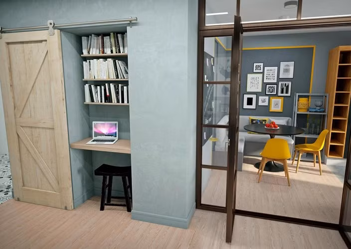 Góc làm việc bố trí thông minh, chiếc cửa trượt giúp giấu đi góc phòng này khi chủ nhân không muốn người khác nhìn thấy.