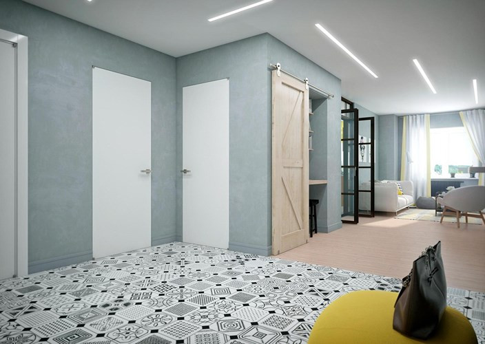 Sơn tường màu sắc dịu nhẹ, đèn led dạng dài làm tăng diện tích chiếu sáng.