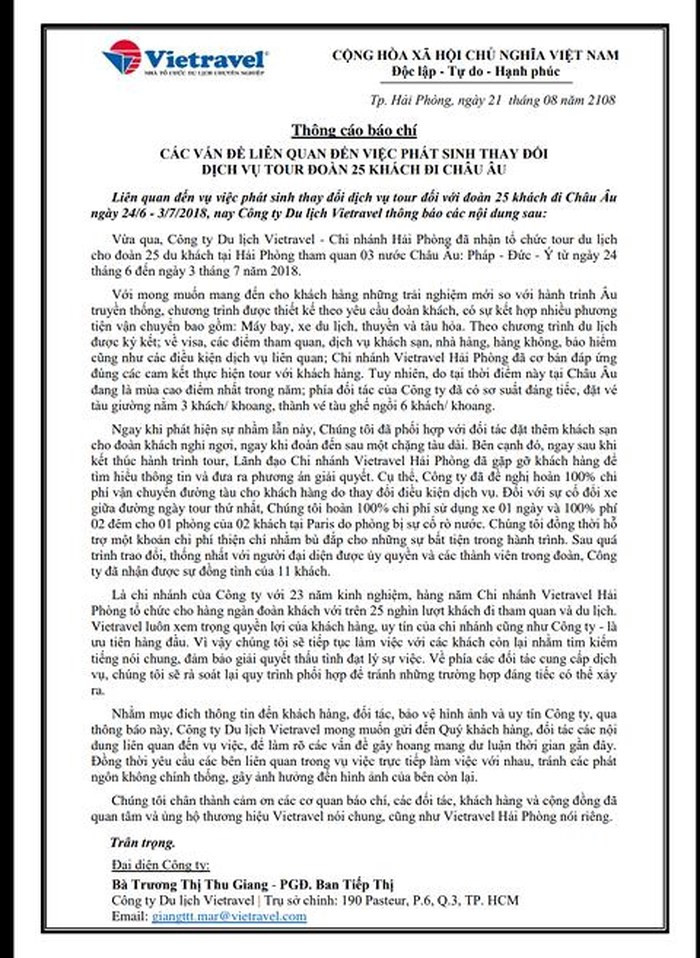  Thông cáo báo chí của Vietravel
