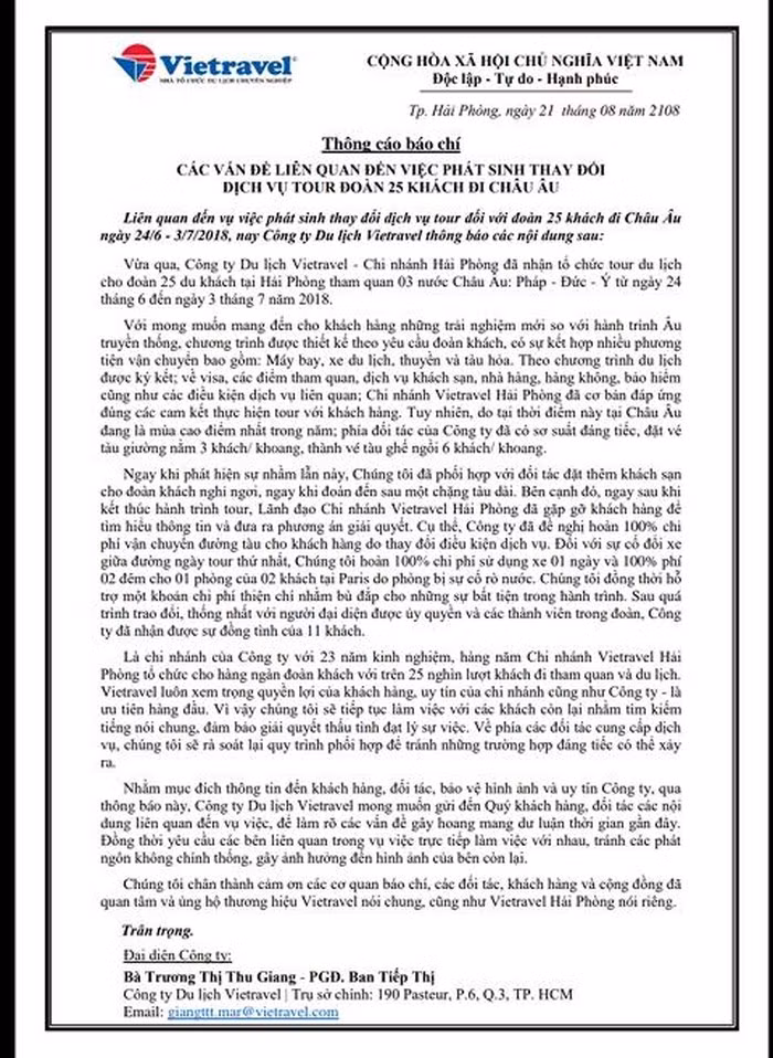  Thông cáo báo chí của Vietravel