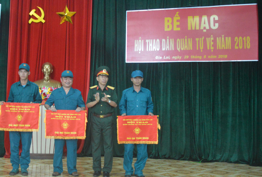 : Đại tá Huỳnh Việt Dũng-Phó Chỉ huy trưởng BCHQS tỉnh trao cờ cho các đơn vị đoạt giải. Ảnh: Anh Huy
