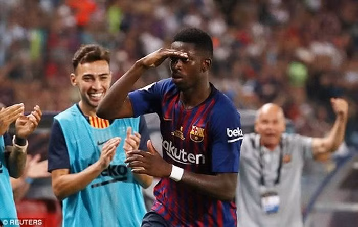 Bàn thắng của Dembele giúp Barca lội ngược dòng thành công trước Sevilla, qua đó lần thứ 13 vô địch Siêu cúp Tây Ban Nha (chỉ tính kể từ khi giải đấu đổi tên thành Siêu cúp Tây Ban Nha). (Ảnh: Reuter)