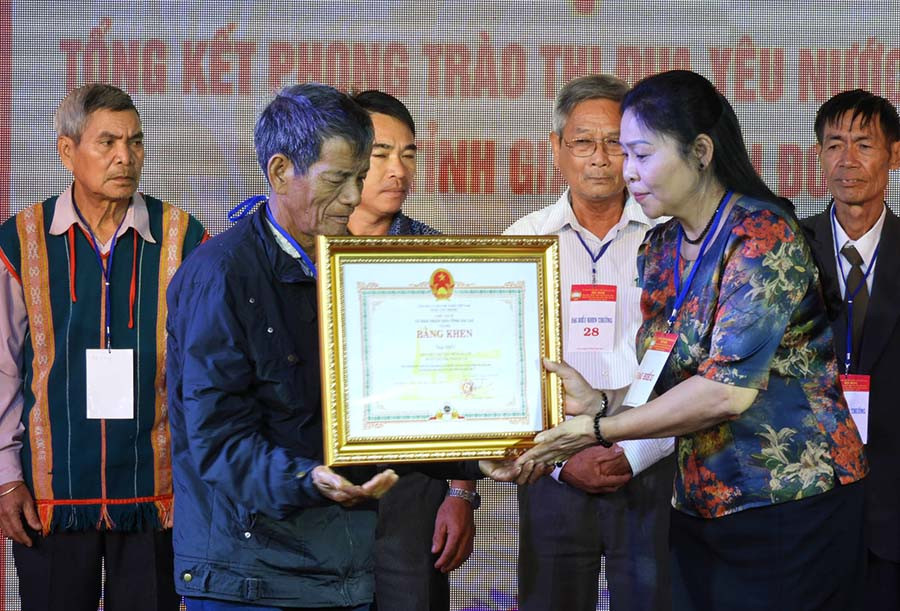 Phó Chủ tịch UBND tỉnh Gia Lai Huỳnh Nữ Thu Hà trao Bằng khen của Chủ tịch UBND tỉnhcho các điển hình. Ảnh: Thanh Nhật