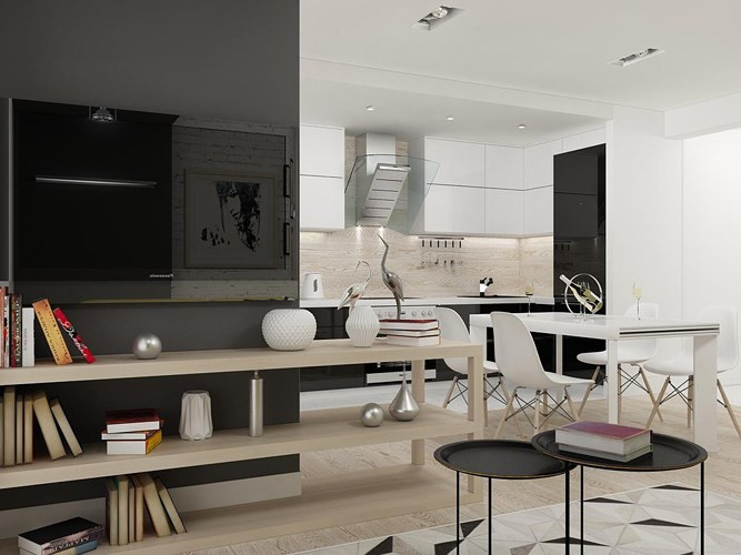 Kệ sách nằm dưới ti vi làm chỗ lưu trữ cho cả phòng khách lẫn phòng ăn.  Kệ sách nằm dưới ti vi làm chỗ lưu trữ cho cả phòng khách lẫn phòng ăn.