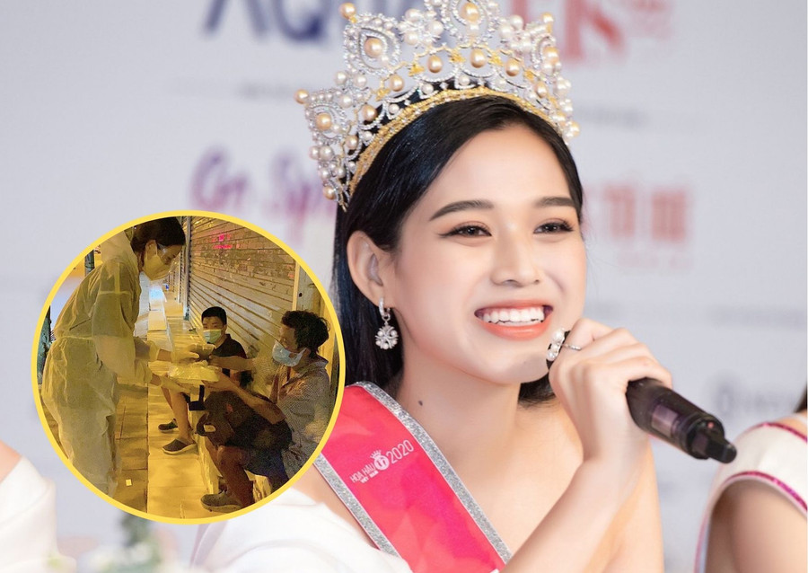 Hoa hậu Đỗ Thị Hà, Mỹ Linh, Thuỳ Linh mặc đồ bảo hộ phát cơm cho người nghèo trong đêm. ẢNH: BTC