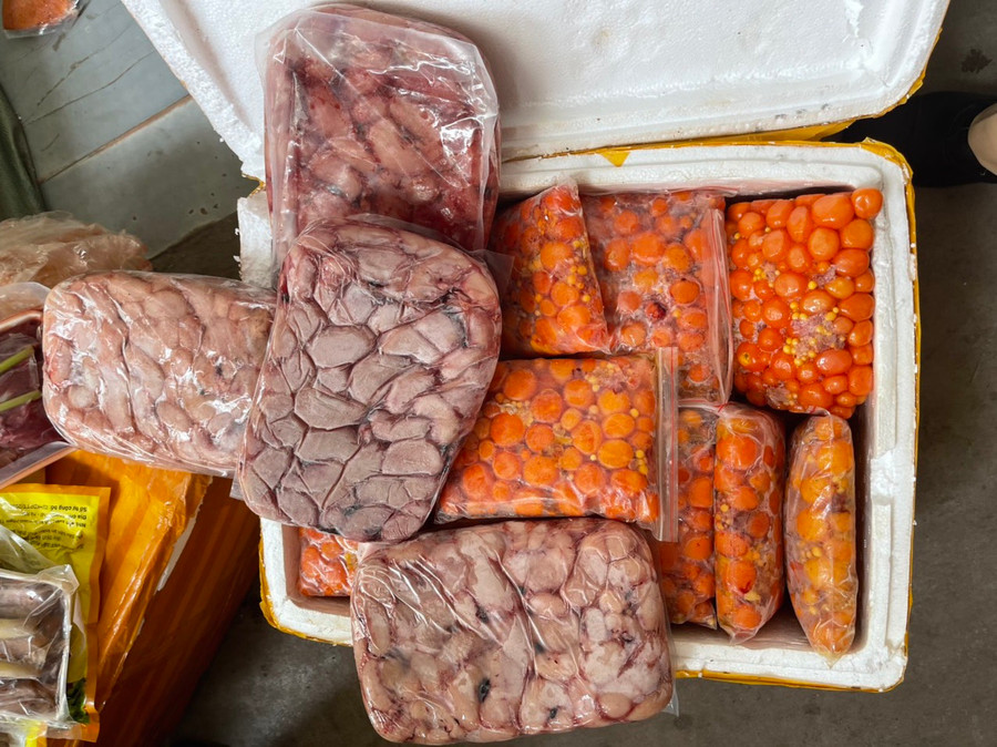 Số thực phẩm không rõ nguồn gốc này gồm nầm lợn, trứng non, cánh gà, râu bạch tuộc,... Ảnh Đan Hạ Số thực phẩm không rõ nguồn gốc này gồm nầm lợn, trứng non, cánh gà, râu bạch tuộc,... Ảnh Đan Hạ