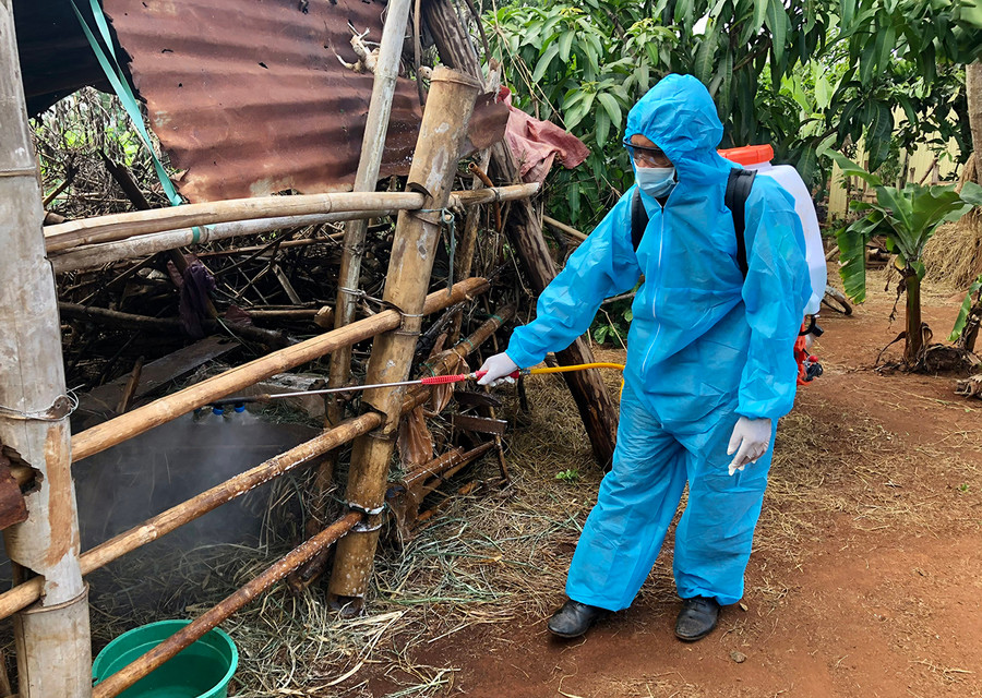 Lực lượng chức năng huyện Krông Pa phun tiêu độc khử trùng khu vực chuồng trại chăn nuôi bò cho người dân. Ảnh: Lê Nam Lực lượng chức năng huyện Krông Pa phun tiêu độc khử trùng khu vực chuồng trại chăn nuôi bò cho người dân