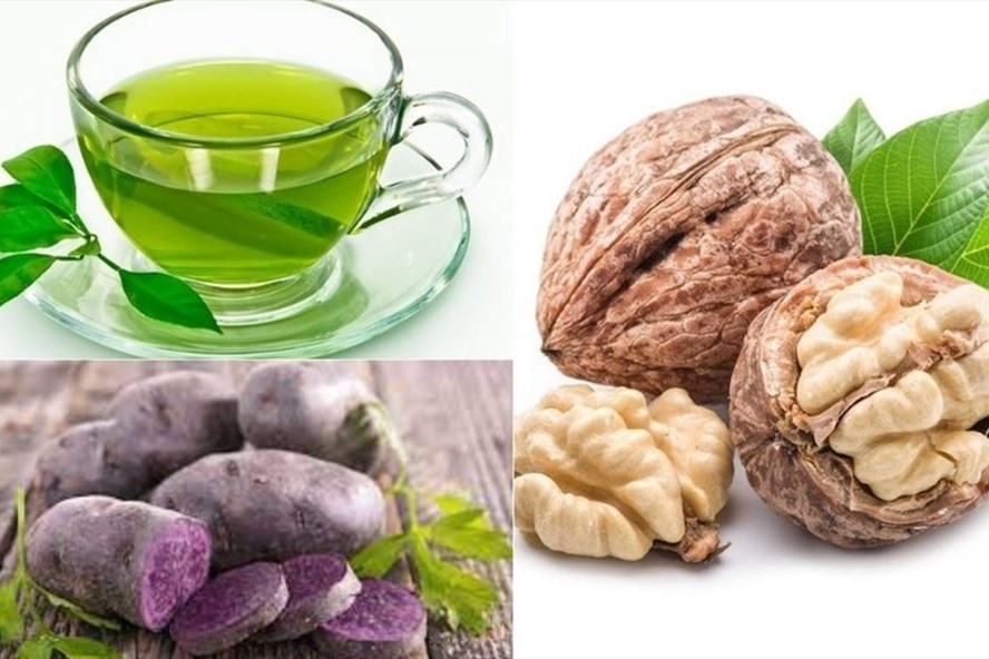 Trà xanh, khoai tây tím, quả óc chó là những thực phẩm giúp tiêu diệt tế bào gốc ung thư. Đồ họa: Thanh Ngọc Trà xanh, khoai tây tím, quả óc chó là những thực phẩm giúp tiêu diệt tế bào gốc ung thư. Đồ họa: Thanh Ngọc