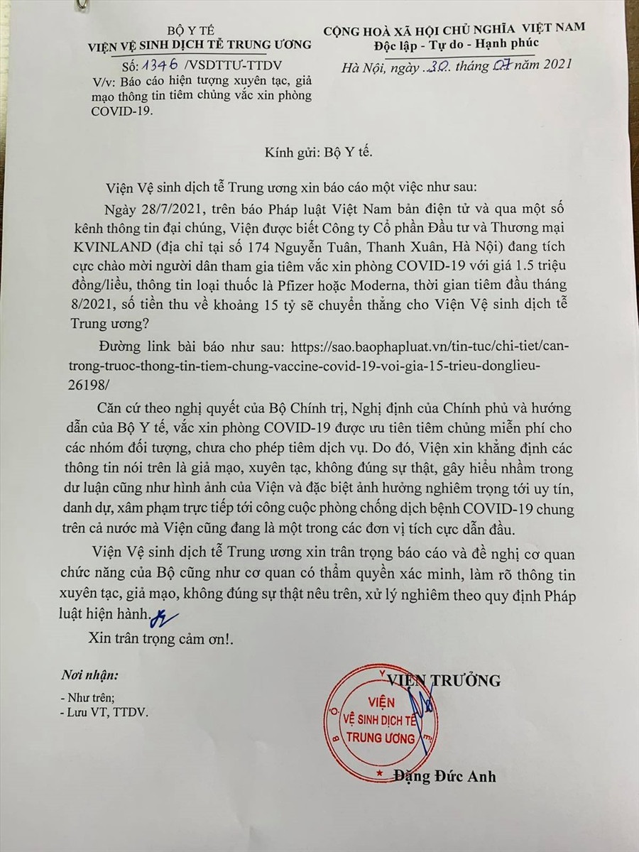 Công văn Viện Vệ sinh dịch tễ Trung tương báo cáo Bộ Y tế về hiện tượng xuyên tạc giả mạo thông tin tiêm vaccine COVID-19.