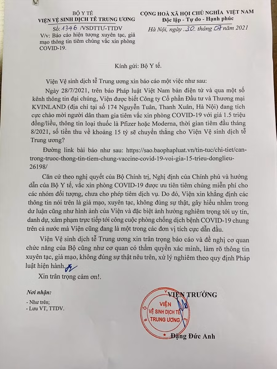 Công văn Viện Vệ sinh dịch tễ Trung tương báo cáo Bộ Y tế về hiện tượng xuyên tạc giả mạo thông tin tiêm vaccine COVID-19.