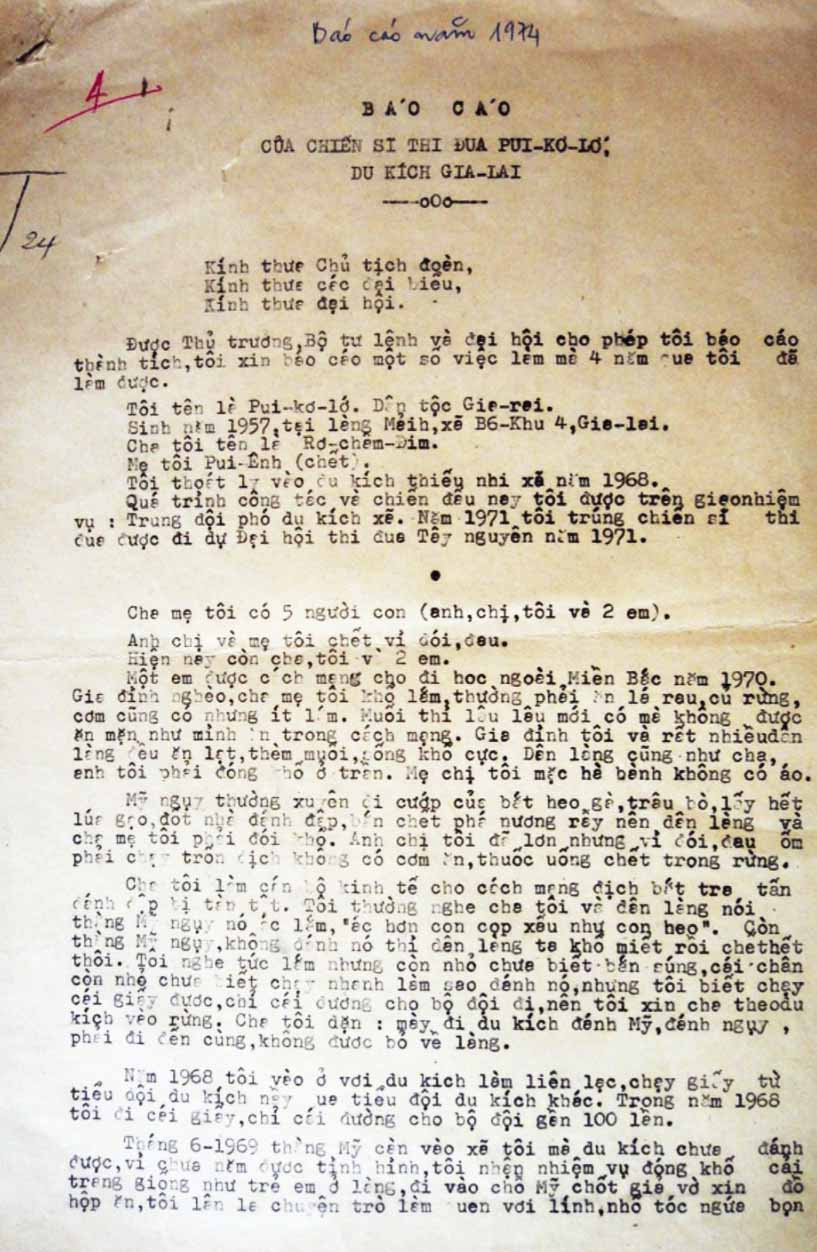 Bản báo cáo thành tích năm 1974 của du kích Puih Glớ. Ảnh: P.D
