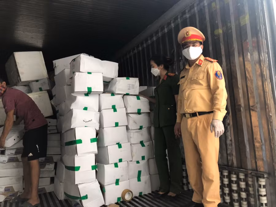 10 tấn thực phẩm đông lạnh không rõ nguồn gốc được đóng trong nhiều thùng xốp - Ảnh Đan Hạ