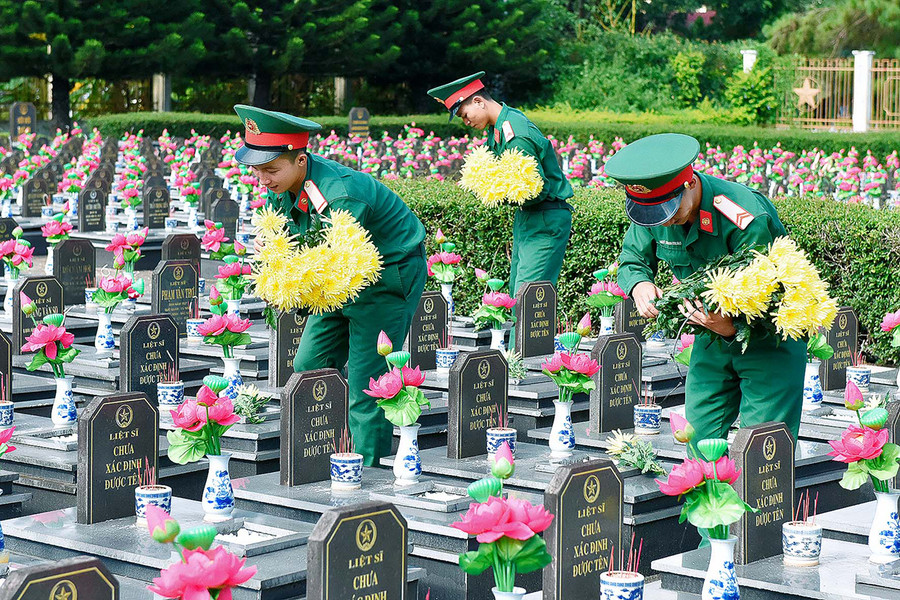 Chiến sĩ Tiểu đoàn Thông tin 29 (Quân đoàn 3) đặt hoa trên các phần mộ liệt sĩ tại Nghĩa trang Liệt sĩ tỉnh năm 2020. Ảnh: Đức Thụy Các chiến sĩ Tiểu đoàn Thông tin 29 (Quân đoàn 3) đặt hoa trên các phần mộ liệt sĩ. Ảnh: Đức Thụy