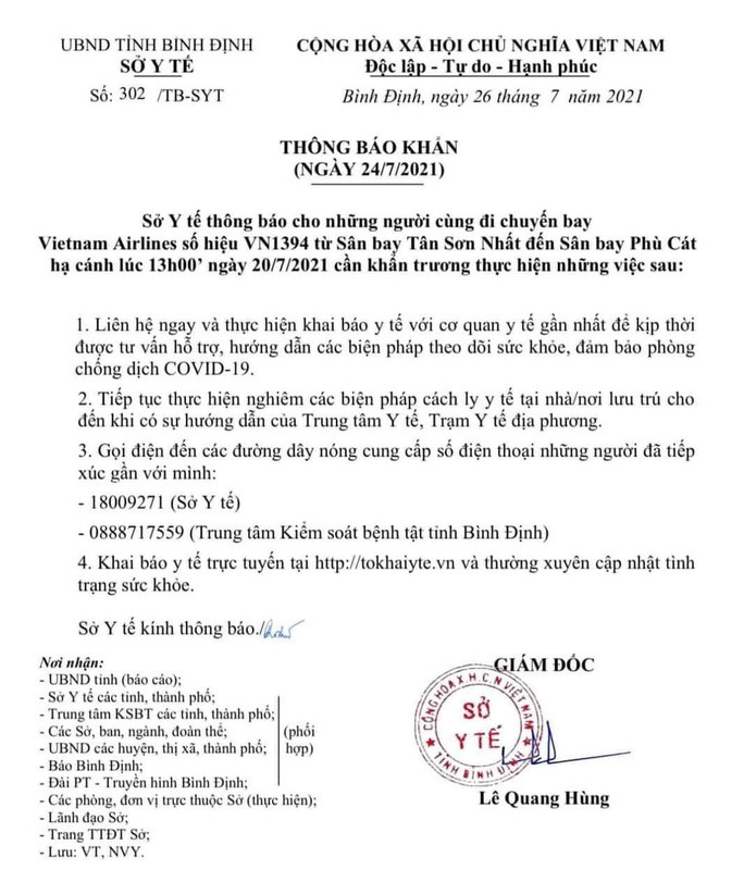  Thông báo khẩn của Sở Y tế tỉnh Bình Định về việc tìm người đi trên chuyến bay VN1394