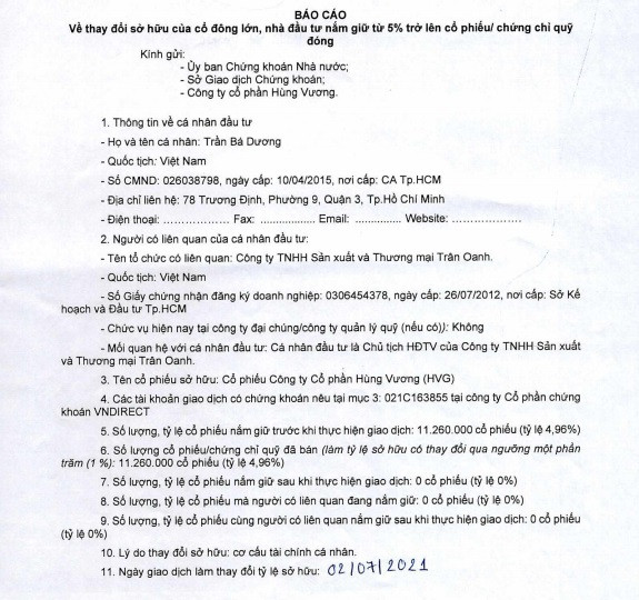 Thông báo giảm tỷ lệ sở hữu của tỷ phú Trần Bá Dương tại HVG (Ảnh chụp màn hình)