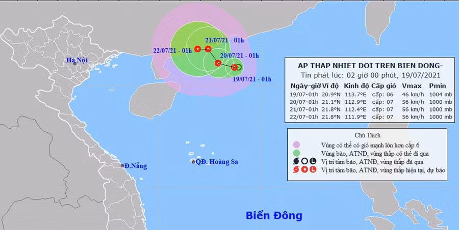 Dự báo đường đi của áp thấp nhiệt đới trên Biển Đông sáng 19.7- Ảnh: Trung tâm Khí tượng Thủy văn Trung ương