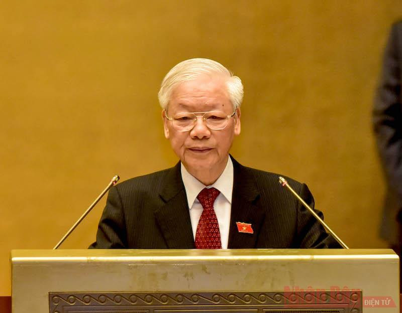 Tổng Bí thư Nguyễn Phú Trọng phát biểu tại phiên khai mạc Kỳ họp thứ nhất, Quốc hội khoá XV, sáng 20/7. (Ảnh: LÂM HIỂN)