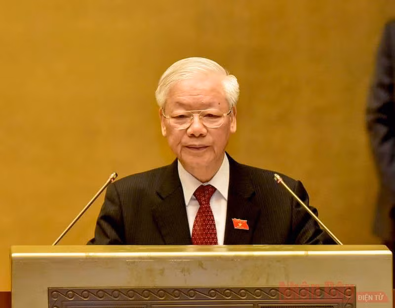 Tổng Bí thư Nguyễn Phú Trọng phát biểu tại phiên khai mạc Kỳ họp thứ nhất, Quốc hội khoá XV, sáng 20/7. (Ảnh: LÂM HIỂN)
