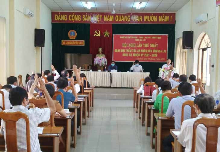 Biểu quyết bầu Trưởng, Phó Trưởng đoàn Hội thẩm nhân dân TAND tỉnh khóa XII. Ảnh: Lê Anh Các đại biểu bầu Trưởng, Phó đoàn bằng hình thức biểu quyết. Ảnh: Lê Anh