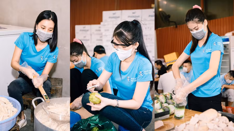 Tiểu Vy, Lê Âu Ngân Anh, Ngọc Thảo, Kiểu Loan... cùng các thành viên câu lạc bộ tự tay chuẩn bị và chế biến hàng ngàn suất cơm cho người dân nghèo, các lực lượng chống dịch, tình nguyện viên ở TP.HCM. ẢNH: BTC