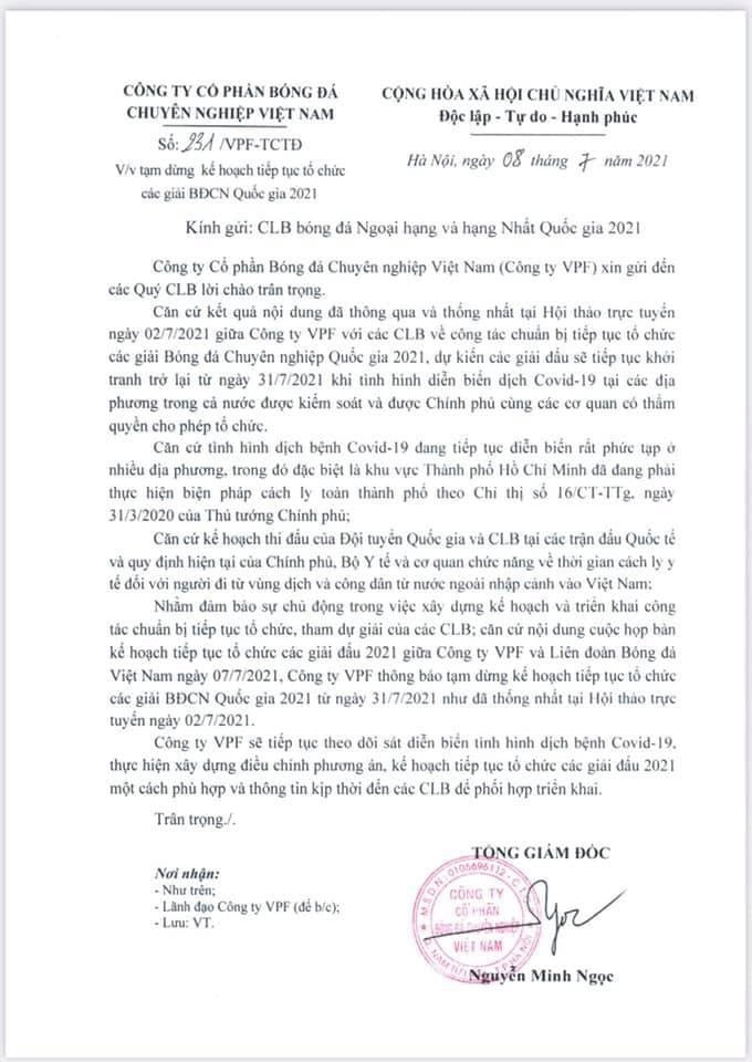 Công văn tạm hoãn V.League 2021 Công văn tạm hoãn V.League 2021