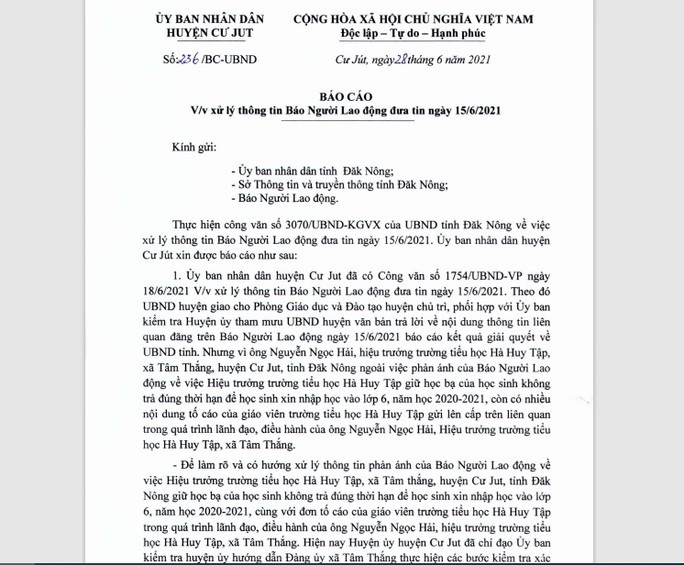 Báo cáo của UBND huyện Cư Jút về vụ việc