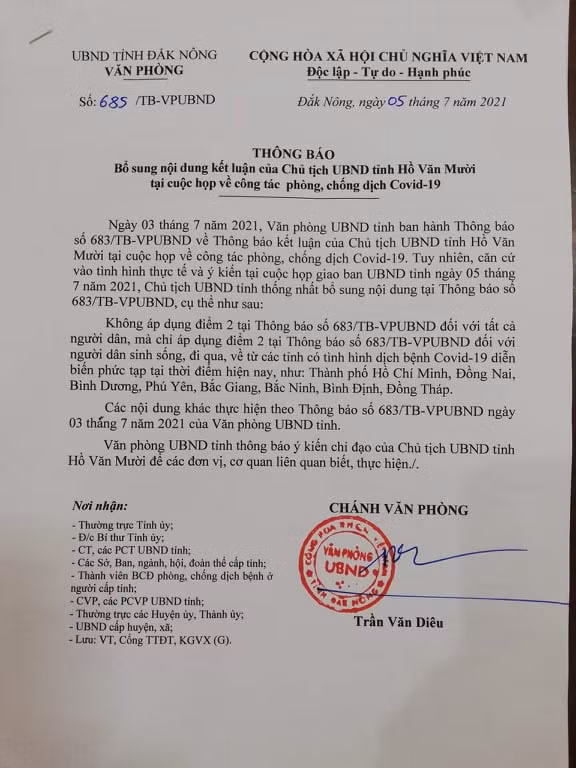 Văn bản điều chỉnh nội dung mọi người dân đi - đến tỉnh Đắk Nông phải có xét nghiệm âm tính với Covid-19