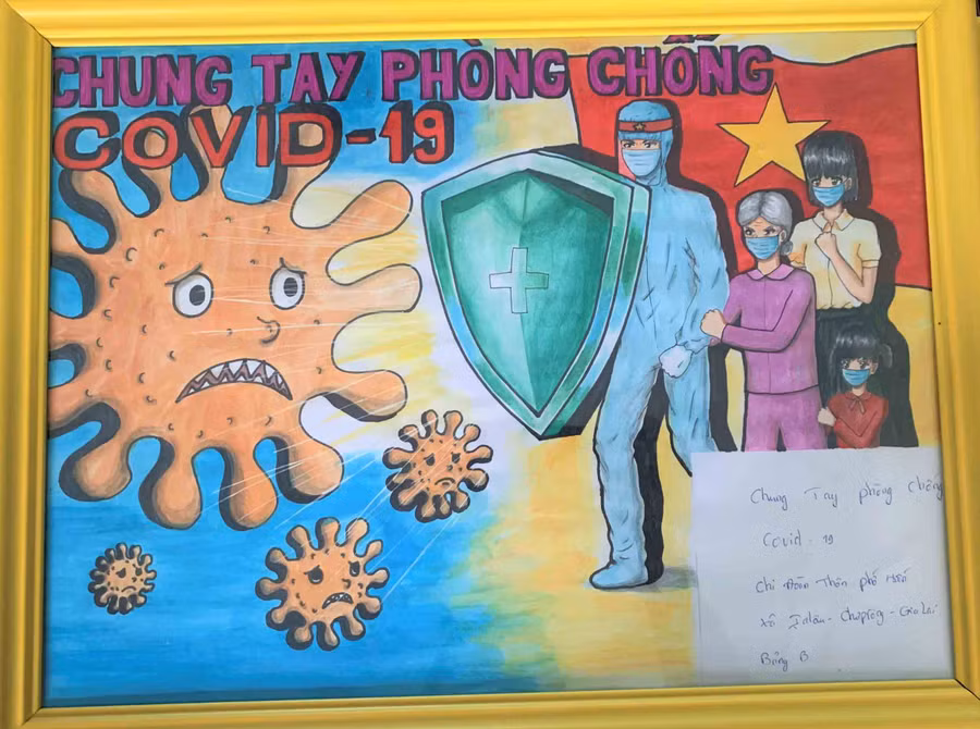 Bức tranh ý nghĩa về chung tay chống dịch Covid-19 của các em nhỏ. Ảnh Trần Dung