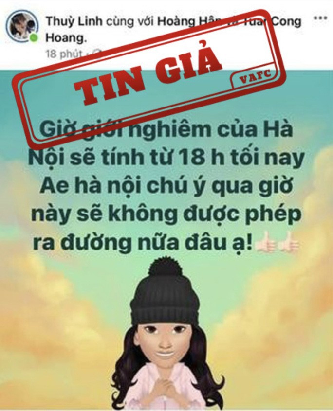 Tung tin giả “Hà Nội giới nghiêm từ 18 giờ ngày 29-7”Ảnh: Trung tâm xử lý tin giả Việt Nam