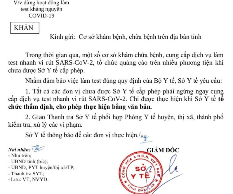 Văn bản khẩn của Sở Y tế Đắk Lắk