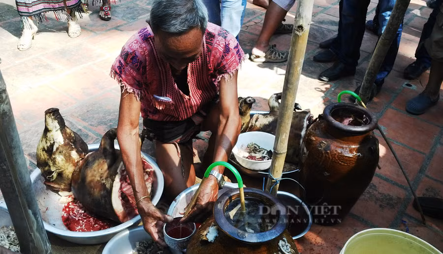 Thầy cúng Y'Plơi Ê Ban chuẩn bị đồ lễ để cúng sức khỏe cho voi. Ảnh: Duy Hậu.
