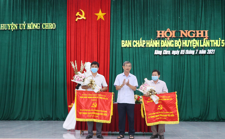 2 tổ chức Đảng đạt tiêu chuẩn “Trong sạch, vững mạnh” tiêu biểu 5 năm liền (2016-2020) được nhận cờ của Ban Thường vụ Tỉnh ủy. Ảnh: Ngọc Minh