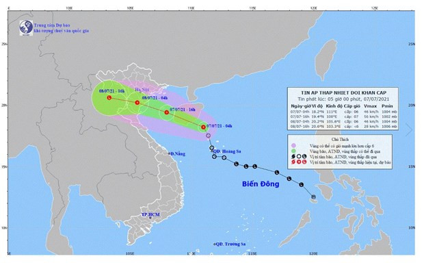 Đường đi và vị trí của áp thấp nhiệt đới. (Nguồn: nchmf.gov.vn)