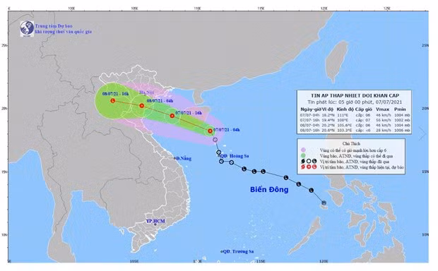 Đường đi và vị trí của áp thấp nhiệt đới. (Nguồn: nchmf.gov.vn)